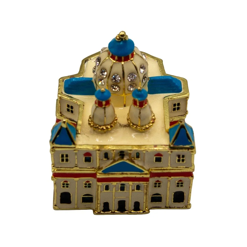 Work of Art Enameled Cathedral Trinket Box Gold Tone Crystal Jeweled Hinged Case